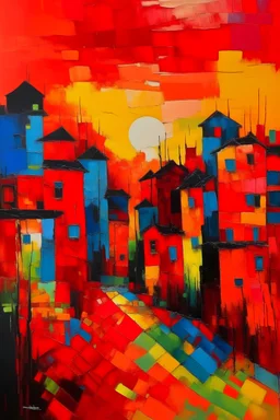 Create a cohesive painting that uses the colors red, orange, yellow, blue, black. Make it a landscape or city scene