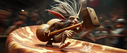 hårete gremlin basket player hurtig snegle med vind i håret på fest med stor slegge aker ned sklie av marmor malt av Rembrandt, motion blur background