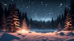 a snowy fir forest,midnight hour,fireflies,lakeside,8k, volumetric lighting, Dramatic scene,