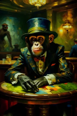 Gentleman monkey in casino with Van Gogh's unique style