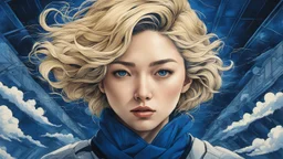 Thoughts fly higher than the roof, Beautiful portrait painted by Katsushika Hokusai, beautiful blonde woman in cyberpunk style, symmetry, hyper-detailed, illustration of dark blue tones, photorealism, 3d, 64k, high resolution, hyperrealism, f/16, 1/300 s.