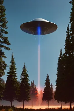 year is 1966 (a bunch of school kids) see ufo flying over tall pine trees, concept art, by Asaf Hanuka, by Weta Digital, Electric Colors, Screen Space Global Illumination, in a symbolic and meaningful style, 3 lights underneath ufo