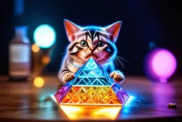 airbrush with pen outline, gremlin cat pimp holding a big reflective prismatic pyramid with orb containing plasma in the style of Escher , bokeh like f/0.8, tilt-shift lens 8k, high detail, smooth render, down-light, unreal engine, prize winning