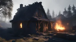 closeup the smoldering ruins of burnt medieval cottage, mystical, eerie, dreamlike, glim light, hyperealistic, octane render, unreal engine, hyper detailed, volumetric lighting, in the style of Jean Baptiste Monge, realism, personification, dramatic lighting, 8K, clear details