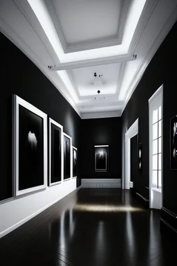 Reception with black walls, a white floor, hidden or rich lighting, and it is suitable for a museum