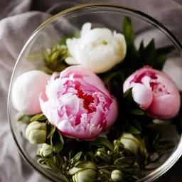 Cinematic shot of peonies inside a glass bowl, glass, crystal, linen, dewdrops, warm lighting, luxurious, terrarium