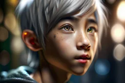 Detailed close-up photo-realistic portrait of a cute elf boy, cropped image showing left side of face, Asian features, staring towards left of camera, cascading locks of long thick silver hair, luminous eyes, flawless skin, freckled cheeks, innocent look, awestruck, long eyelashes, contrasting lighting, bokeh in background,