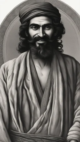 A Muslim man from the era of the Prophet’s companions, tall, strong in build, with a cheerful face. He had long black hair, black eyes, and a thick mustache.