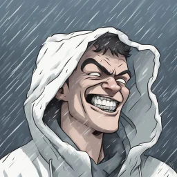 a closeup of a psychopathic young man with white eyes in a heavy coat and hood during a rainstorm laughing cartoon