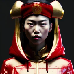 Pretty Chinese woman, rounded face, red, gold, hoodie, feathers, retro, latex, leather, soft color, highly detailed, art stations, concept art, smooth, unreal engine 5, god rays, ray tracing, RTX, lumen lighting, ultra detail, volumetric lighting, 3d, finely drawn, high definition, high resolution, neon background.