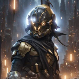 star wars bald male corellian pilot wearing pearlescent black and gunmetal grey First Order special forces heavy assault armor and helmet with gold trim inside the jedi temple, centered portrait, hyperdetailed, dynamic lighting, hyperdetailed background, 8k resolution, volumetric lighting, light skin, fully symmetric details