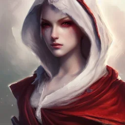 a _ fantasy _ style _ portrait _ painting _ of beautiful white female red silky hair short head smirk round face hood robe rpg dnd oil _ painting _ unreal _ 5 _ daz. _ rpg _ portrait _ extremely _ detailed _ artgerm _ greg _ rutkowski _ greg