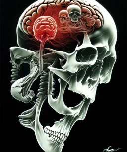 brain, skull, neural network. ink, poster, beksinski