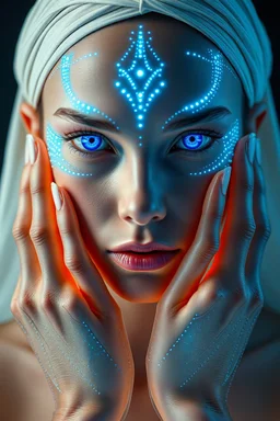 A surreal futuristic portrait of a celestial woman, centered composition, intense blue glowing eyes staring directly at the viewer. Her face is adorned with bioluminescent tribal markings made of tiny glowing dots and lines, cascading symmetrically from forehead to cheeks. Soft translucent organic textures cover her hands as they cradle her face, resembling alien skin or liquid glass. She wears a pale ceremonial headwrap and minimal futuristic attire. Hyper-realistic skin texture, ultra-detailed