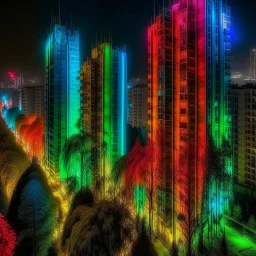 A big city high towers buildings , ultra HD, in 8K, no one sees what you see in the buildings , Tiene rare colors bioluminescence, in all the paleta of colors, its extra colors, its tall filaments of pilosos that parecen cobrar vida. The tree creates an alien forest, illuminated by a warm ray of light. Destaca the extraterrestrial environment and the hojas de la hierba.Style: Hi