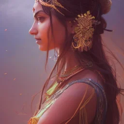  Indian princess , cute, beautiful, long hair, head and shoulders portrait, cinematic, 8k, resolution concept art portrait by Greg Rutkowski, Artgerm, WLOP, Alphonse Mucha dynamic lighting hyperdetailed intricately detailed