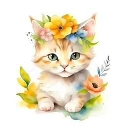 Watercolor, cute kitten, with a flower crown