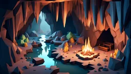 fantasy environment view from above, a cave interior view from inside, dark and gloomy mood, a small cave water stream is flowing though the cave, there are a couple of stalactites growing from the ground, a campfire lightens a small part of the cave on the left blocky 3D low poly cartoon render style