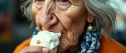close up portrait of the sweetest soulfull magical old woman with no makeup eating ice cream with her nose
