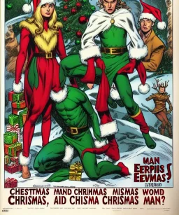 two elves. woman and man. stand apart. Christmas scene. poster. marvel comic.