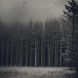 Greyscale forest, sad person, cloudy sky, lightning bolt streaking across sky