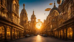 A whimsical city where buildings are made of intricate clockwork and gears, with streets paved in polished brass and airships floating lazily overhead, all bathed in the golden glow of a perpetual sunset. Rule of thirds. Award-winning photograph, 80mm focal length, chiaroscuro