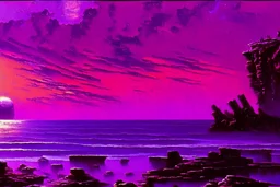 purple sky, planet in the sky, rocks, cliffs, sci-fi, friedrich eckenfelder impressionism paintings