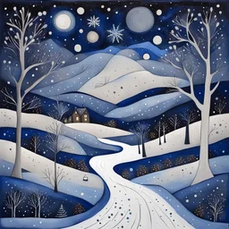 Art brut painting, beautiful snowy Christmas scenery landscape at night under an indigo starry sky, neutral natural colors, mixed media