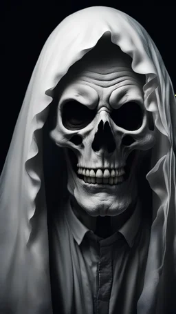 Scary ghost grandfather in a white mantle with a face like a skull on a black background