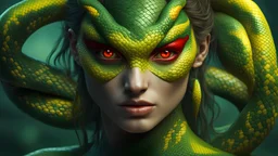 Snake woman, green-yellow shades, red eyes, high detail, high resolution, 8K