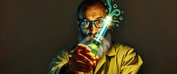 pin hole cam, master oil painting by Rembrandt, realistic rendering of crazy scientist holding a holy neon glowing super power tube vial