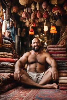 half figure photography of a burly beefy muscular strong 39-year-old arab in Istanbul bazaar, ajar mouth, shirtless, short beard, bald, selling carpets sitting on a pile of carpets, biig shoulders, manly chest, very hairy, side light, view from the ground