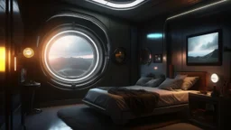 sci fi bedroom, modern, moody lighting, portal looking out into space, hyperrealistic