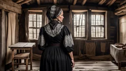 in front of the picture from the back, an middle-aged brown hair woman in a black vintage hungarian folk dress in black woman headscarf , her standing in villager room and looking at a wooden cross on the wall , old village environment, rustic rammed floor, lace curtains, sad atmosphere, high detailed, sharp focus, high realistic, perfect photo