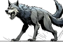 wolf, full body, attacking, profile ,comic book, gray background,