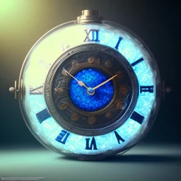 a blue crystal clock laying on sand, scary, steam punk, realistic, made in octane, cinematic, ultra-realistic, extremely detailed octane rendering, 8K, VRAY Super Real ar 2:3, dof photorealistic futuristic 50mm lens hard lighting dark gray tintype photograph, realistic lighting