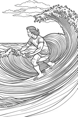 Outline art for coloring page OF A SURFER IN SHORTS RIDING A WAVE IN HAWAII LOOKING AWAY FROM US, coloring page, white background, Sketch style, only use outline, clean line art, white background, no shadows, no shading, no color, clear