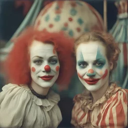 A woman , freckles, with a clown, t at the circus,, autochrome, pink, red orange,, golden