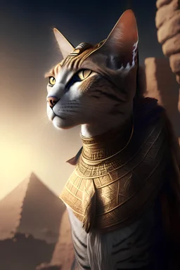 portrait of a cat wearing an ancient Egyptian dress, warrior, 4k, realistic, dramatic lighting, beautiful, mystery , powerful, landscape background