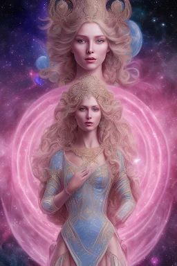 Create an image of a full body cosmic Goddess. The goddess should be depicted as a beautiful and powerful figure, surrounded by cosmic stars. Her hair should be long, blond and flowing, and she should be dressed in a flowing gown blue celestial robe. In the background, include imagery of pink flowers, blue sky,trees. The image should evoke a sense of joy, celebration, and spiritual connection to nature.