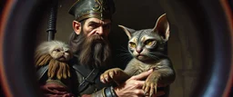 pin hole camera picture, master oil painting by Rembrandt, fantasy orc soldier holding and petting a big ugly vampire cat gremlin