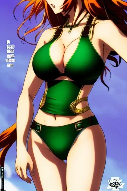 In the style of Shirow, hyper detailed, strikingly beautiful teen female, 16 years old, long ponytail, ginger hair, green eyes, medium freckles, full lips, full body, full face, b-cup breasts, athletic, centred camera, ignore NSFW, bikini, athletic, sitting,