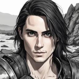 A portrait of Jared Leto in his early 30s, long beachy haircut, black hair, on a rocky island, in ebony armor from Skyrim, melancholic and dangerous facial expression, half-smiling, drawn in the style of ink manga sketch