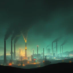 en framtidsvision med industri, robotar och en överhypad storstad, neon och rök, smog från stora industrier i bakgrunden som ryker från skorstenar, öde landskap, dystopi, simon stålenhag style