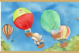 postcard with watercolor of a hot air balloon, children's book illustration, peter rabbit, giftwrap pattern