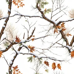 detailed Real Tree Camouflage made of sticks, twigs, tree bark, dried maple leaves, green pine branches, snow and dirt, white background, seamless repeatable texture pattern imitating a natural forest background, add details