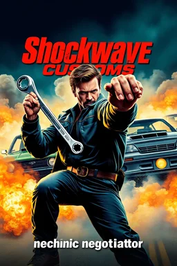 "Design a 90s-style action movie poster titled 'Shockwave Customs.' Feature a heroic mechanic in the foreground, fiercely battling thousands of adversaries with a spanner. In the background, show cars doing burnouts, creating a dynamic and intense scene. Capture the high-energy, gritty aesthetic of classic 90s action films. Prominently display the subtitle 'mechanic negotiator' in bold, impactful lettering."