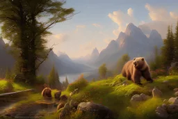 Peder Monk Monsted style, bear in the middle, in a distance mountains summer