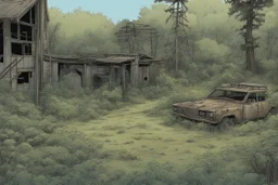 clearing, yard, forest,overgrown, post-apocalyptic, comic book,