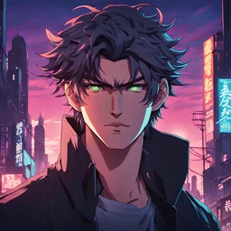 "Create a cinematic anime-style portrait of a determined young man with sharp eyes, an enigmatic half-smile, and a windswept hairstyle, set against a backdrop of a dystopian city at dusk, the neon lights reflecting subtly in his gaze."